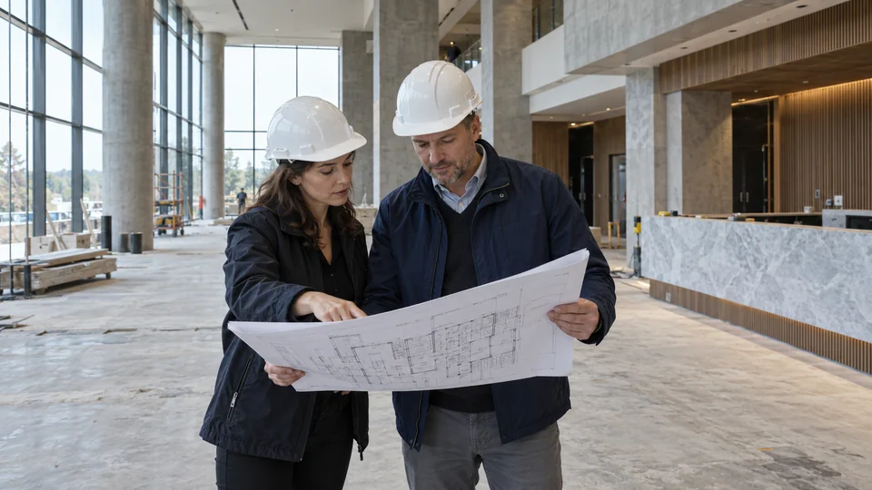 Architect and project manager reviewing hotel development plans on site