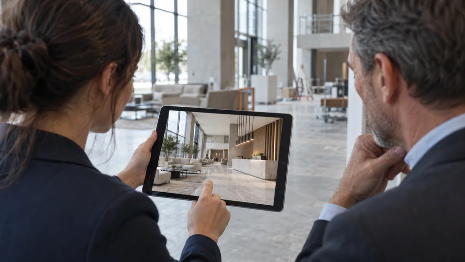 Owner and designer viewing a hotel visualization on a tablet