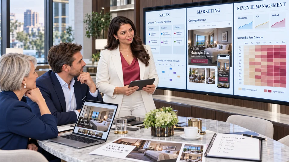 Hotel sales team reviewing revenue charts and discussing strategy